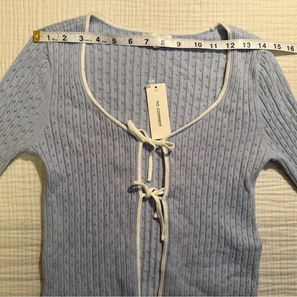 NWT No Comment Baby Blue Babydoll Cropped Tie Front Eyelet Cardigan Size Medium - Picture 5 of 7
